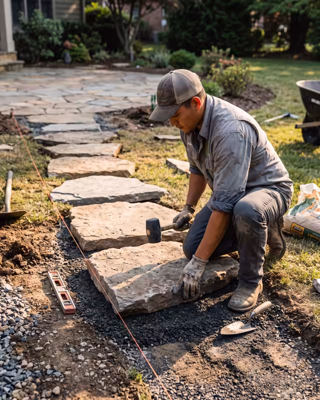 A crew member setting a natural flagstone stepper with a rubber mallet