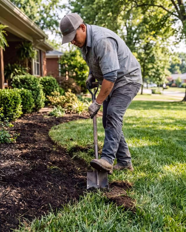 A landscaper cutting a clean bed edge with a flat spade