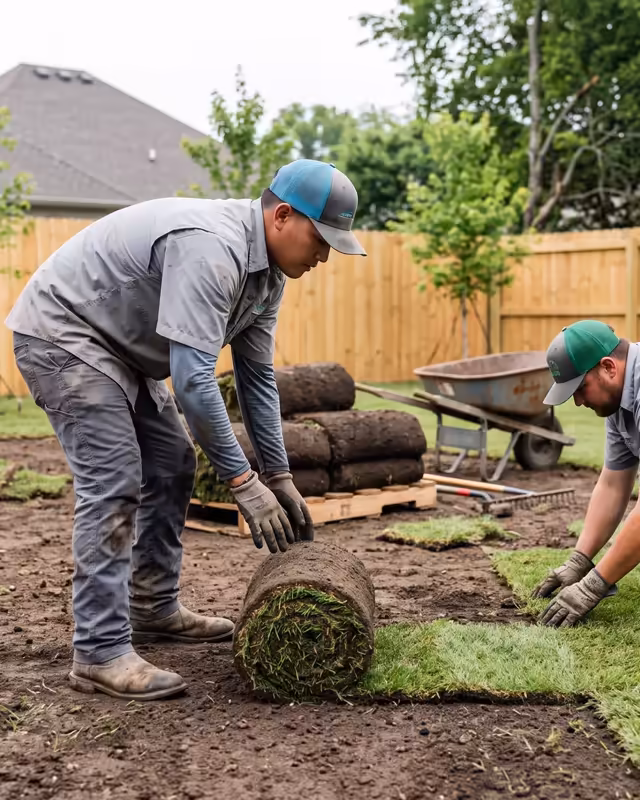 Two crew members laying fresh sod across a graded backyard