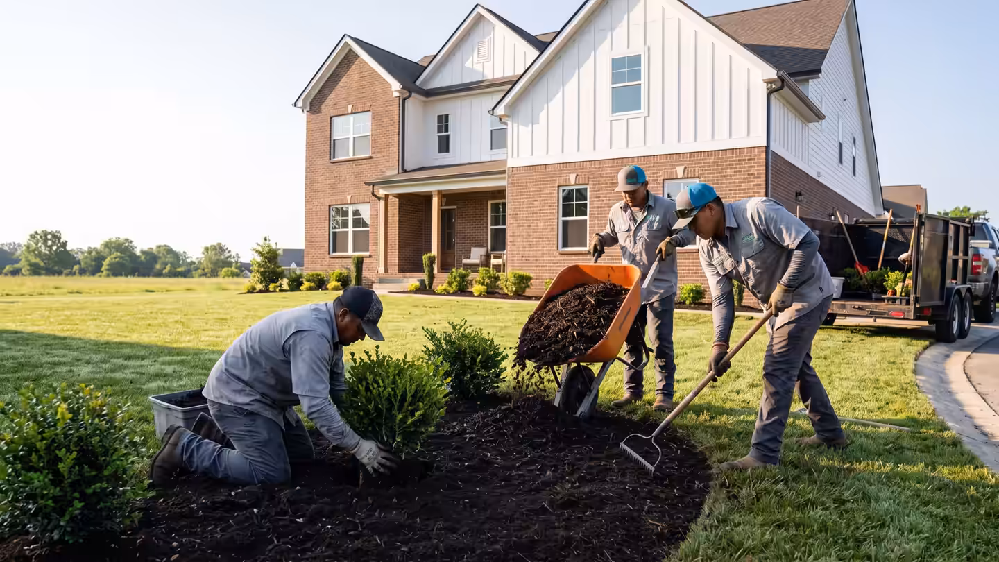 A three-person crew planting a new foundation bed in front of a newly built home