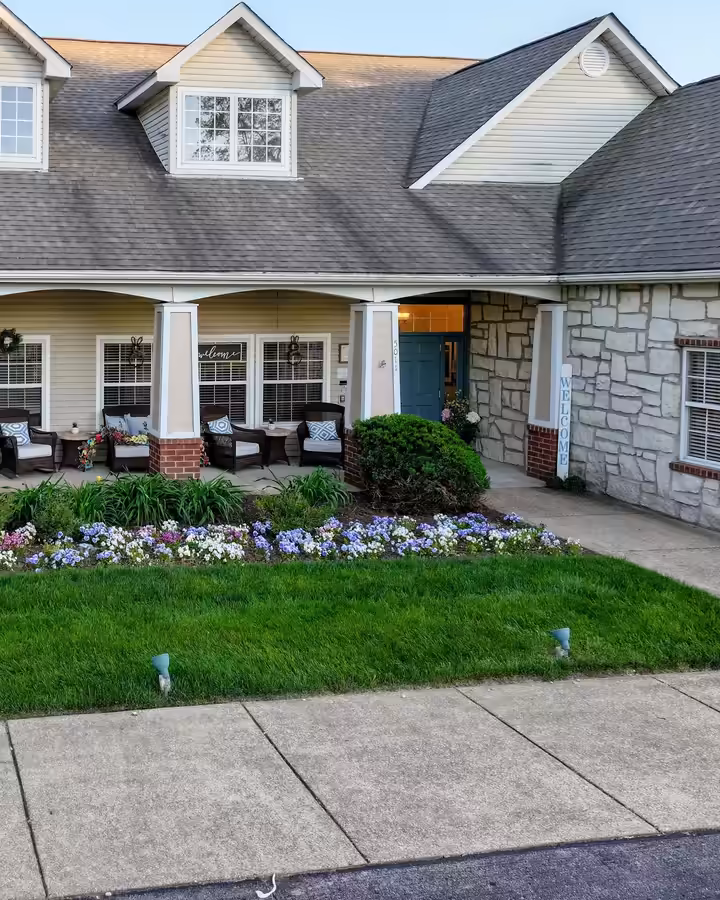 Hydrangea and flower beds along the porch at Brookdale Columbia