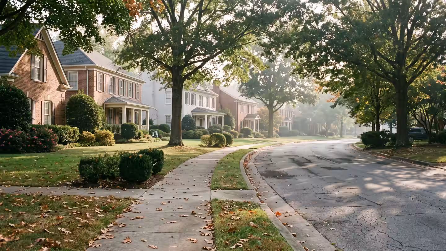 A tree-lined street of brick homes with deep lawns and boxwood hedges, typical of Franklin's established neighborhoods