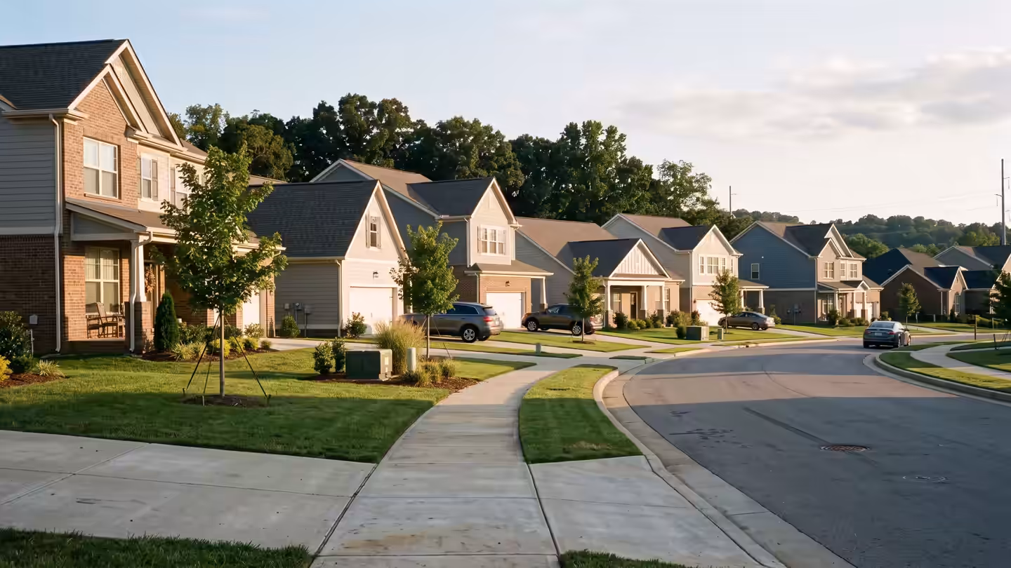 A newer Spring Hill-style neighborhood street with young trees, fresh lawns and new landscaping beds