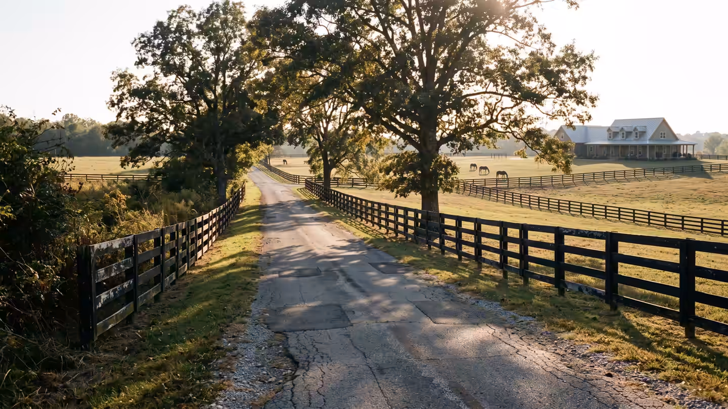 A country lane between black horse fences and big oaks, typical of the open land around Thompson's Station