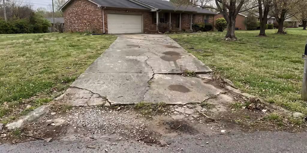 Before: Long driveway to a brick home with cracked, heaved and stained concrete and a washed-out gravel apron