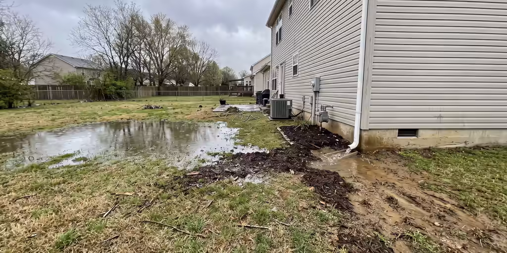Before: Side yard of a two-story home with a wide puddle, mud by the foundation and a downspout pouring onto bare soil