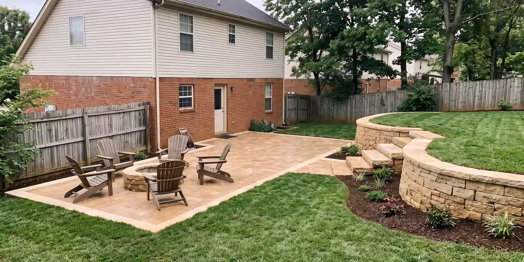 After: The same backyard with a curved limestone retaining wall, stone steps, a travertine patio and a fire pit with chairs