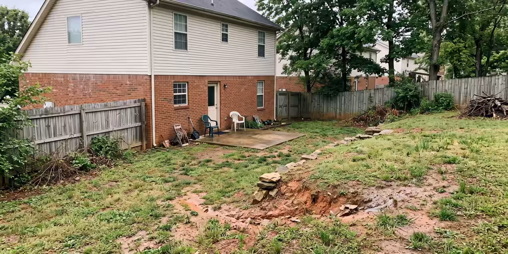 Before: Sloped backyard of a brick and siding home with thin grass, red-clay washouts and a small builder slab