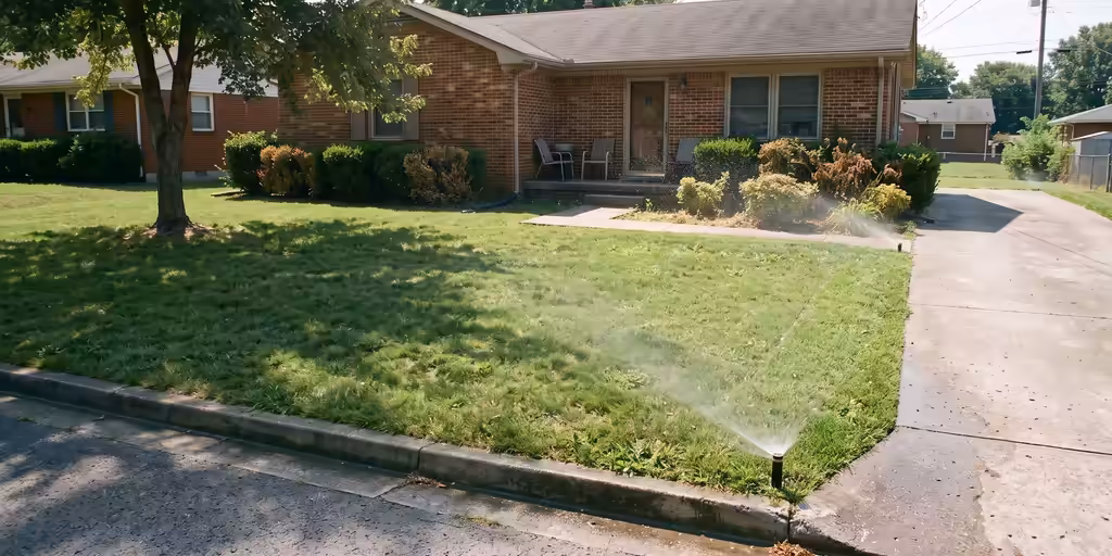 After: The same front lawn evenly green, with a pop-up sprinkler head watering near the driveway