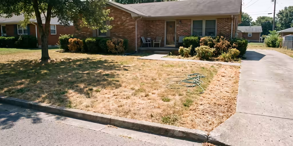 Before: Brick ranch home with a drought-stressed front lawn, brown patches, wilted shrubs and a garden hose