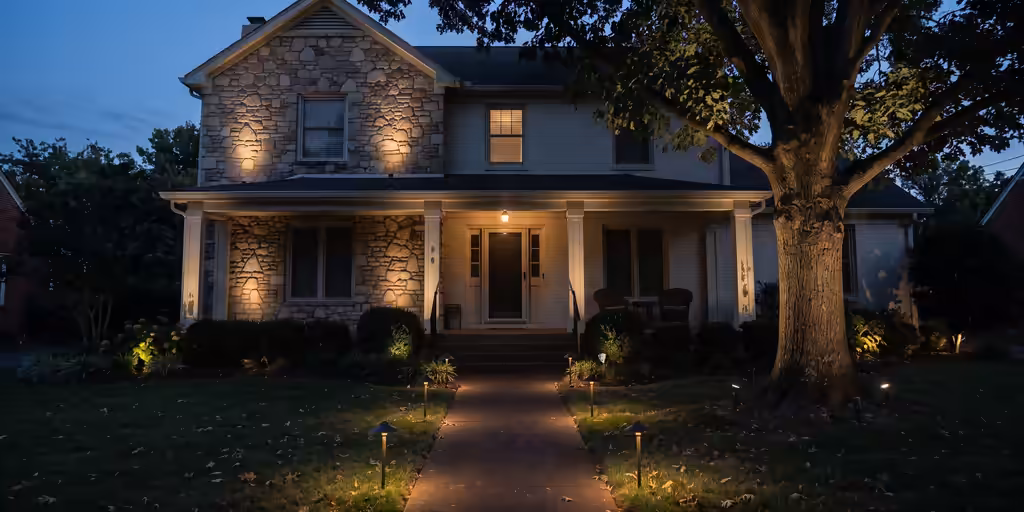 After: The same home with warm uplighting on the stone front and porch columns, an uplit oak and path lights along the walk