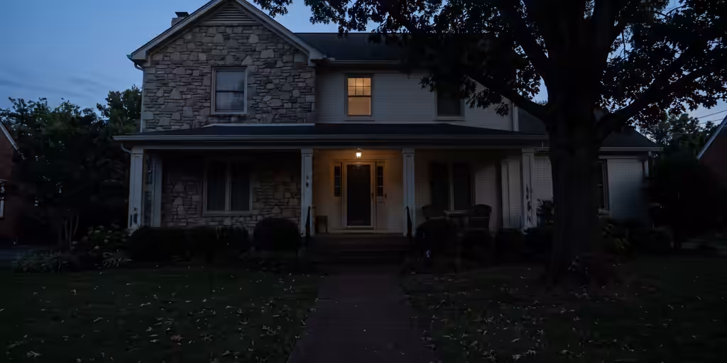 Before: Two-story stone and brick home at dusk, nearly dark except one porch light and a window