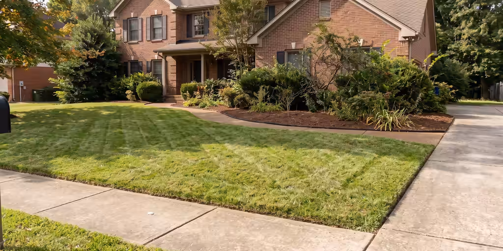 After: The same yard freshly mowed with crisp edges, weeded beds, fresh mulch and the leaves cleared