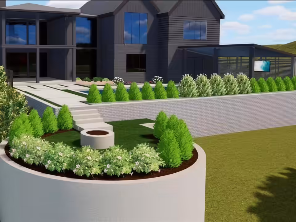 Richardson 3D design of a fire pit patio with seating