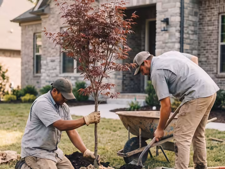 Crew planting a Japanese maple in front of a new home