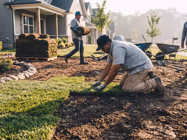 Crew laying fresh sod rolls in tight seams across a new front yard