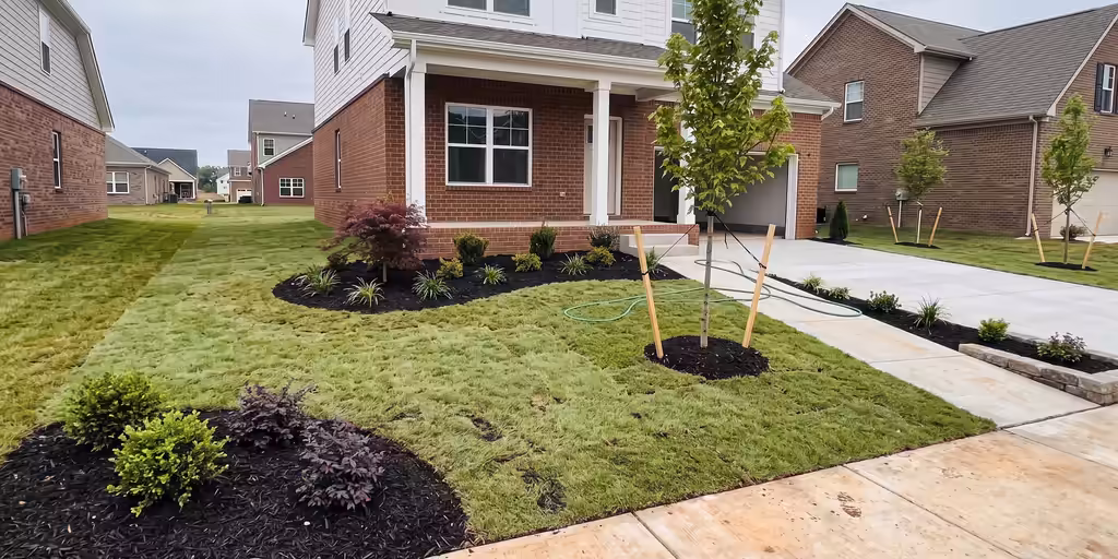 After: The same home with curved planting beds, a Japanese maple, shrubs, mulch and fresh sod