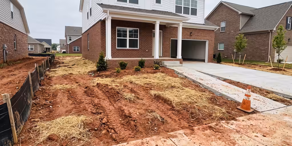 Before: New brick home with a bare red-clay front yard, straw and a few builder shrubs