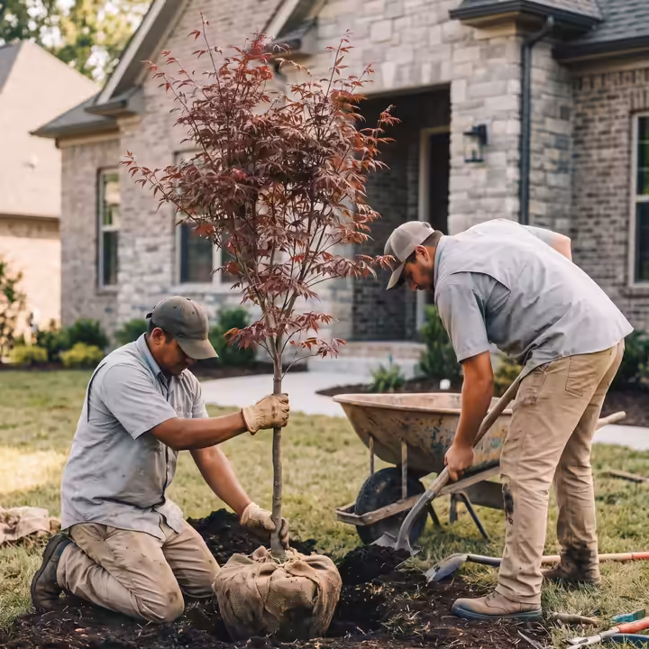 Two crew members planting a red Japanese maple in front of a new stone home