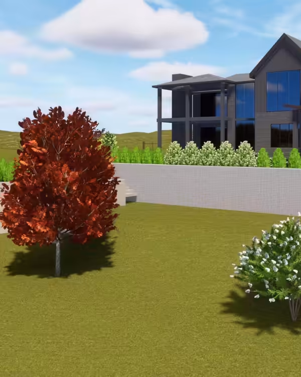 Richardson 3D landscape design of a modern home with a red maple, shrubs and a planted terrace