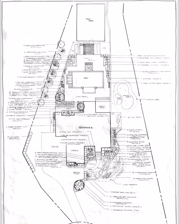 Richardson hand-drawn landscape plan with planting and hardscape notes