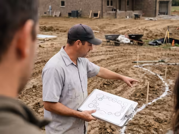 Crew lead walking a homeowner through a landscape plan on a graded lot