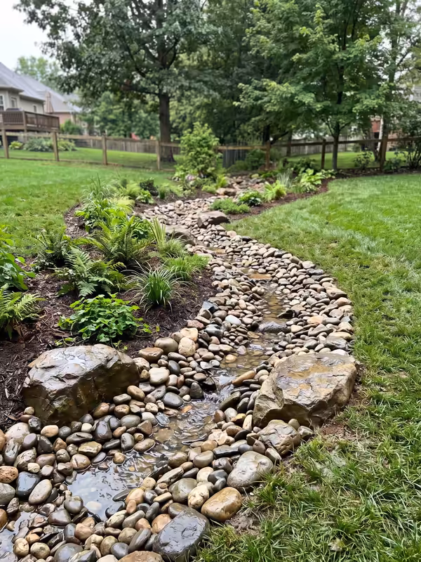 River-rock dry creek bed carrying rainwater through a planted backyard