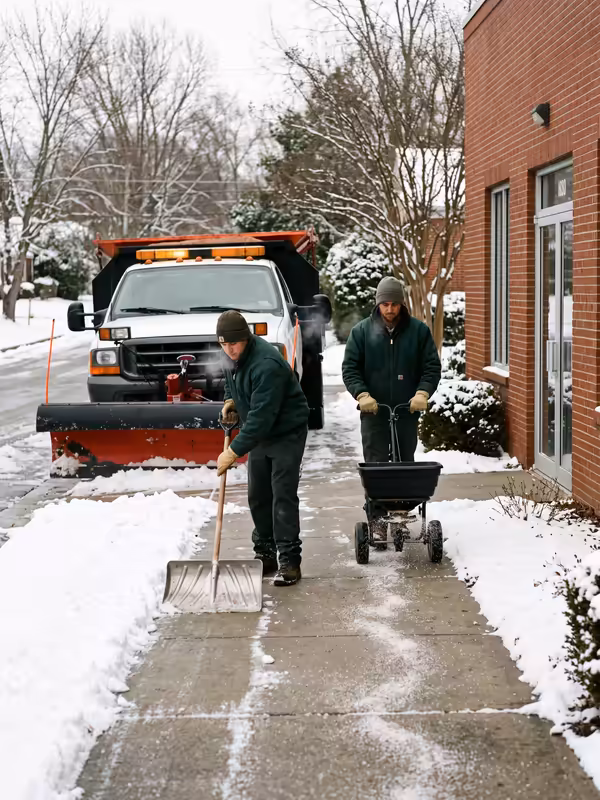 Two crew members shoveling and salting a snowy sidewalk, with a plow truck parked behind them