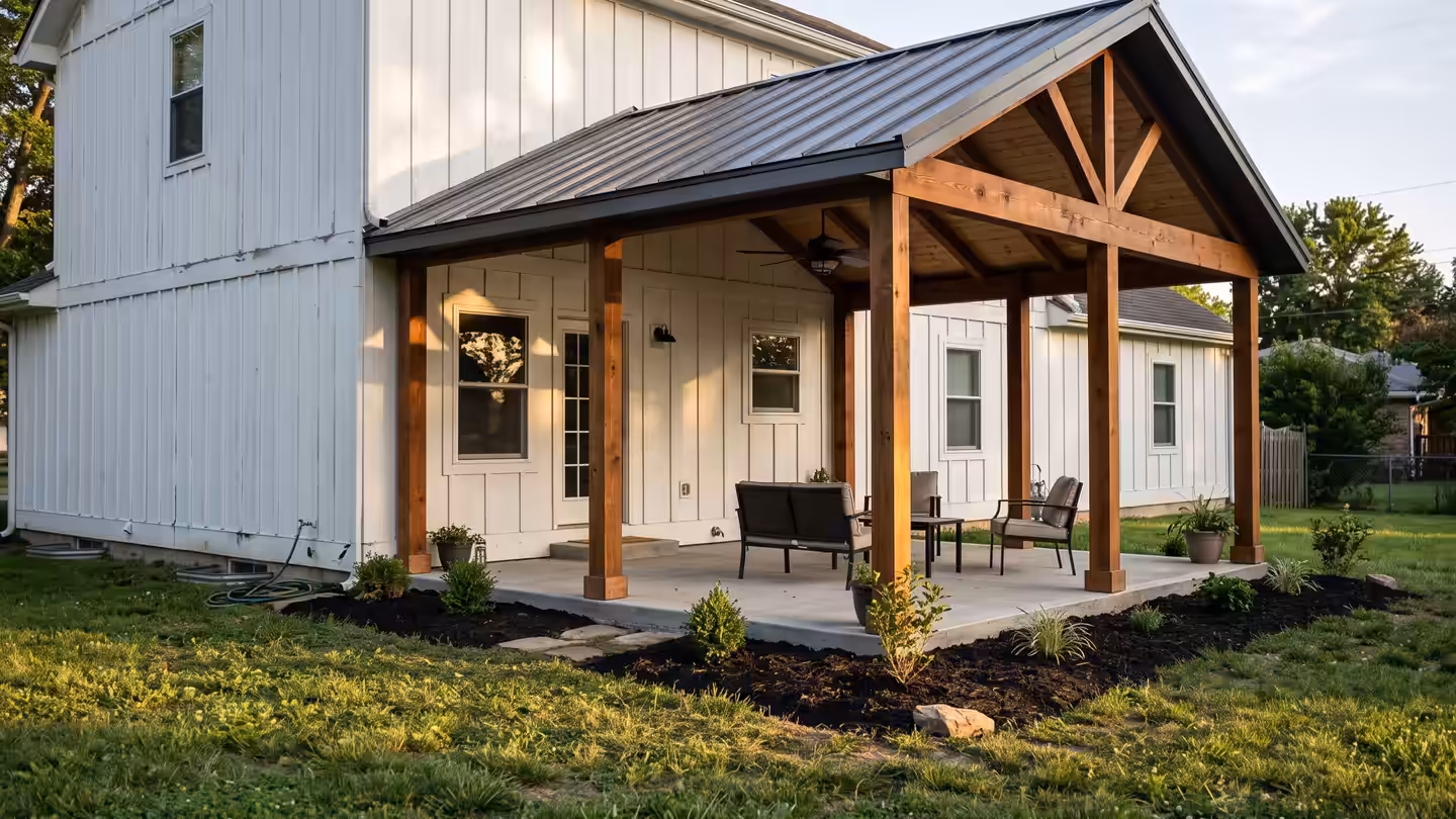 Concept image: a covered patio with a dark metal roof on stained cedar posts behind a white board-and-batten home