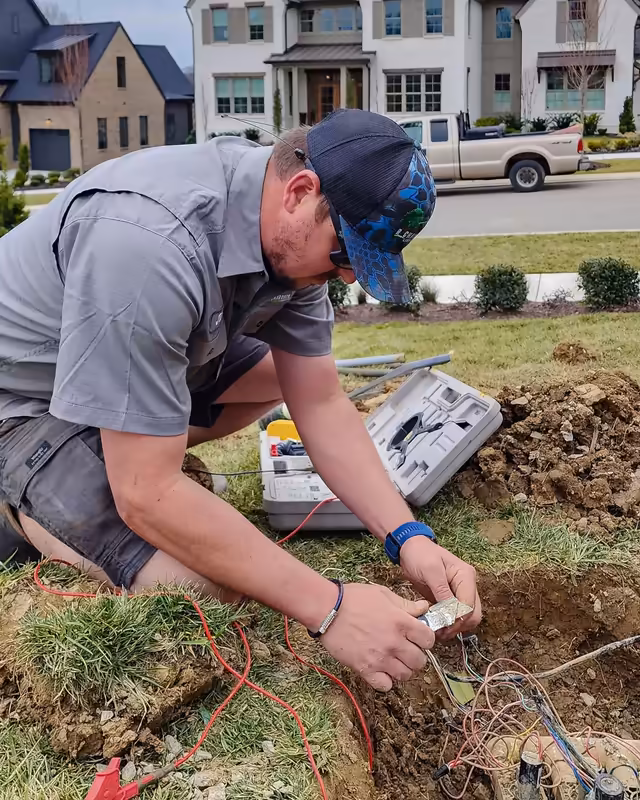 Richardson irrigation technician wiring a valve box in a front lawn