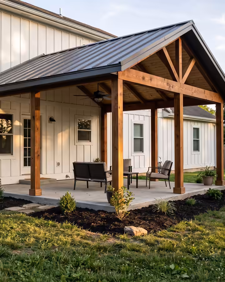 Covered patio with a metal roof on cedar posts