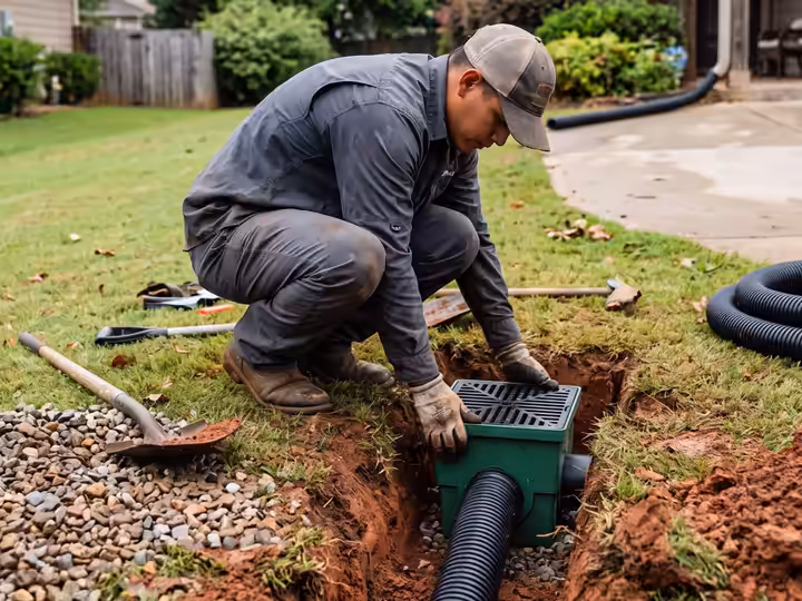 Catch basin and drain pipe going into a trench