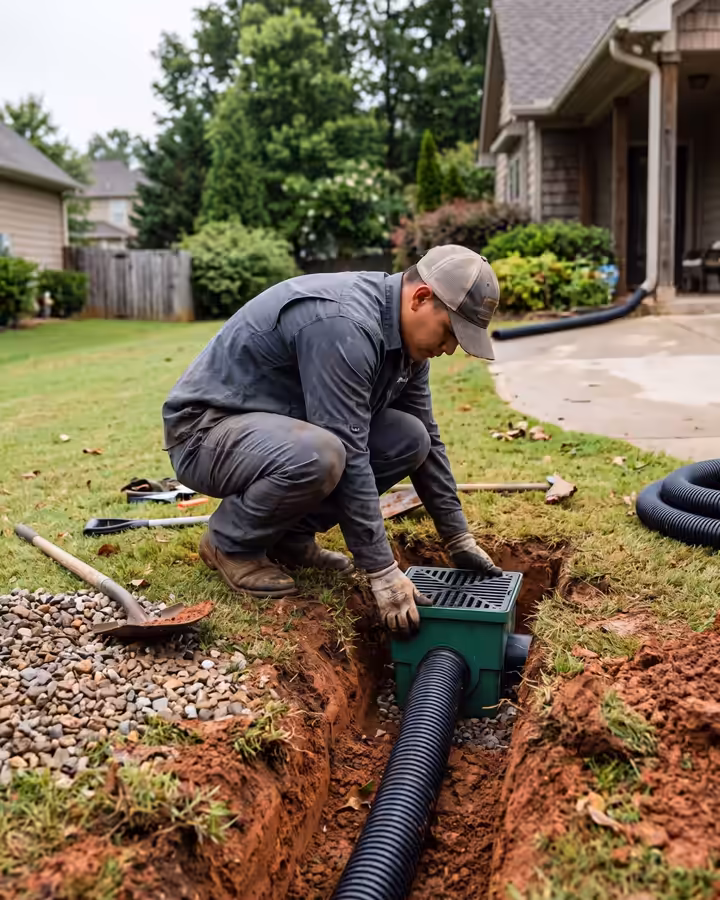 Landscaper setting a catch basin and corrugated drain pipe in a trench