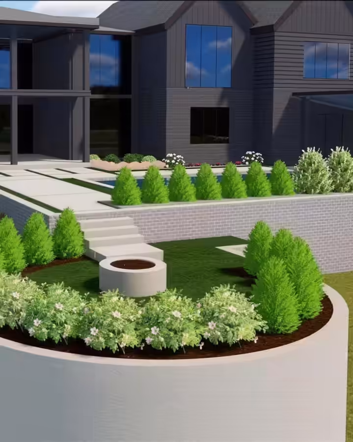 Richardson 3D design of a round fire pit on a stone patio with seating and planting