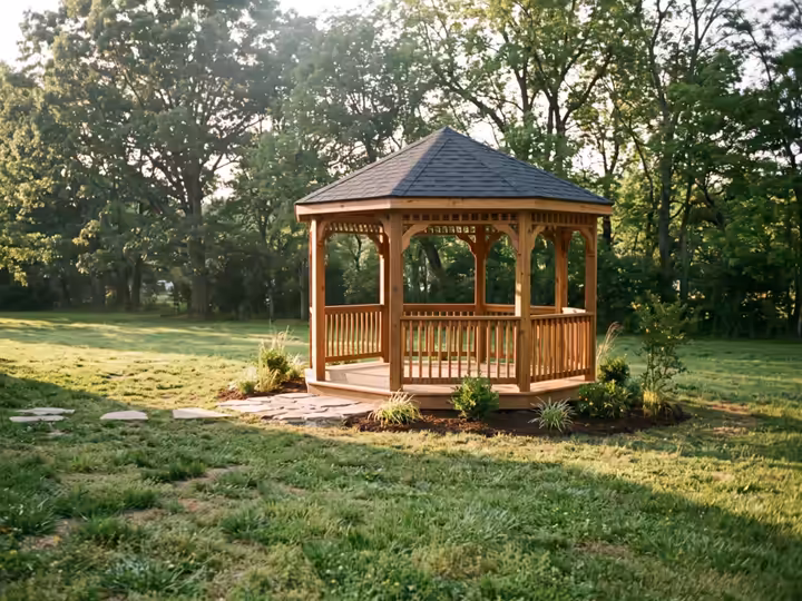 Wooden gazebo on a flagstone pad