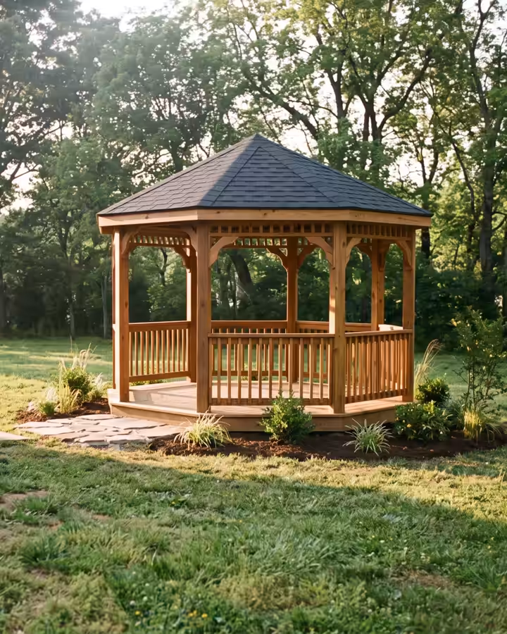 Wooden gazebo on a flagstone pad at the edge of a lawn