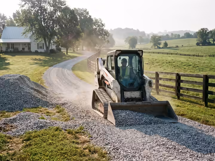 Gravel being spread on a rural driveway