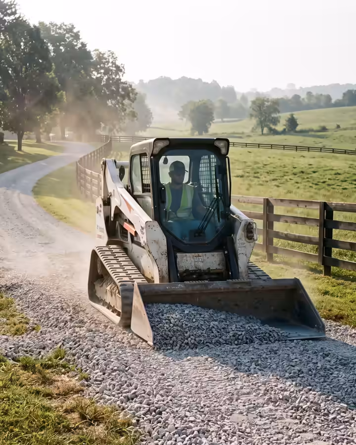 Track loader spreading gravel on a curving rural driveway