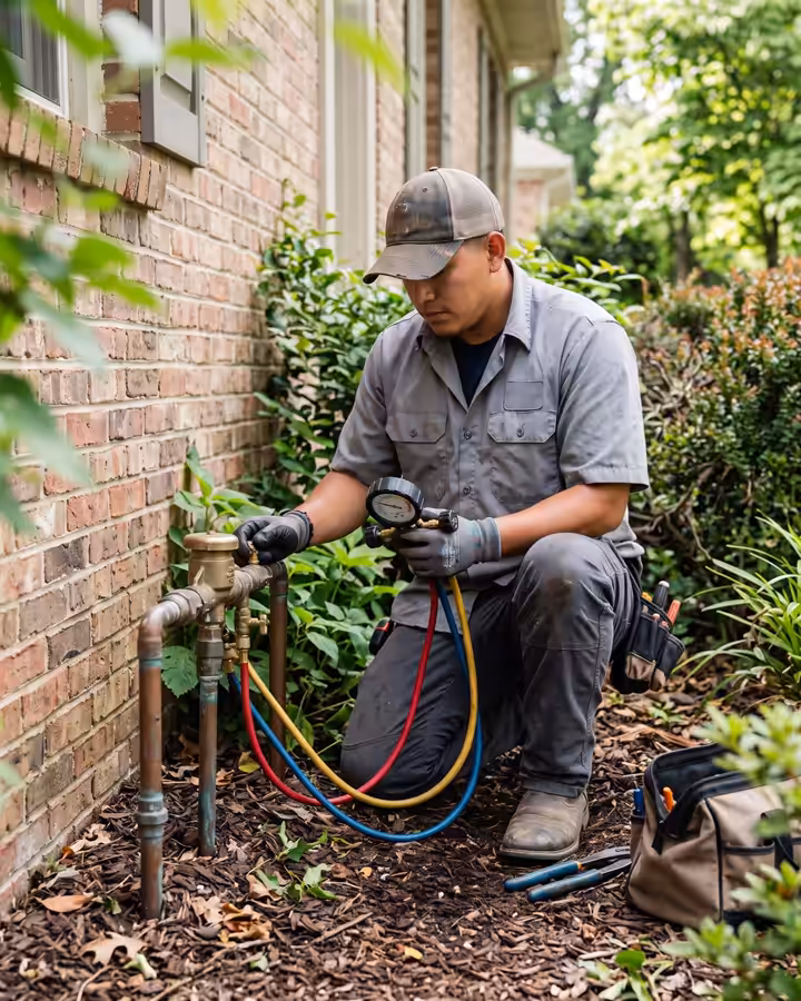 Technician testing a brass backflow preventer with a pressure gauge kit