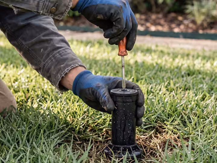 Hands adjusting a rotor sprinkler head