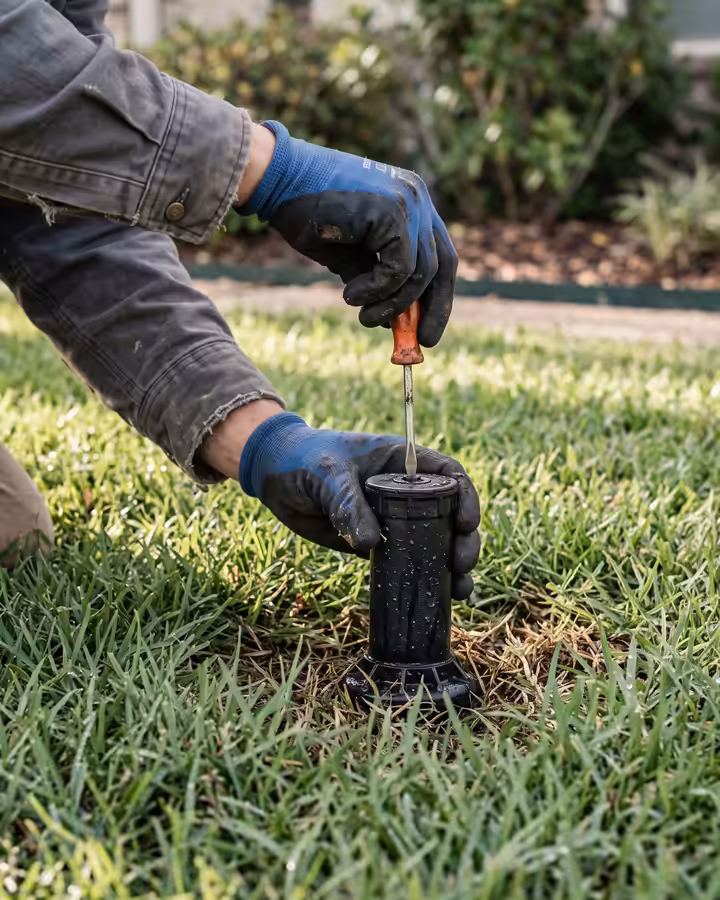 Gloved hands adjusting a rotor sprinkler head in a lawn