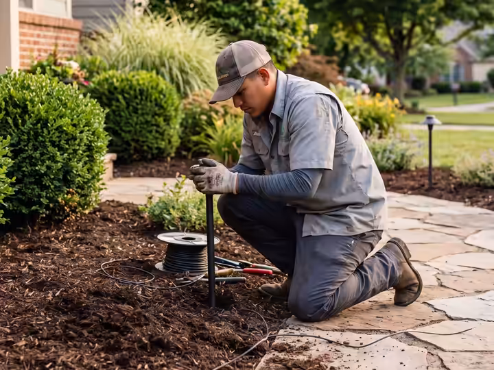 Landscaper installing a path light beside a stone walk