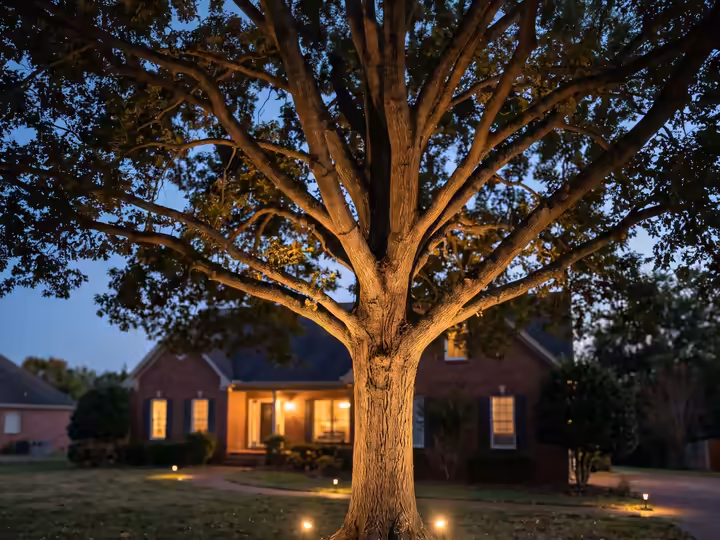 Oak tree uplit at dusk