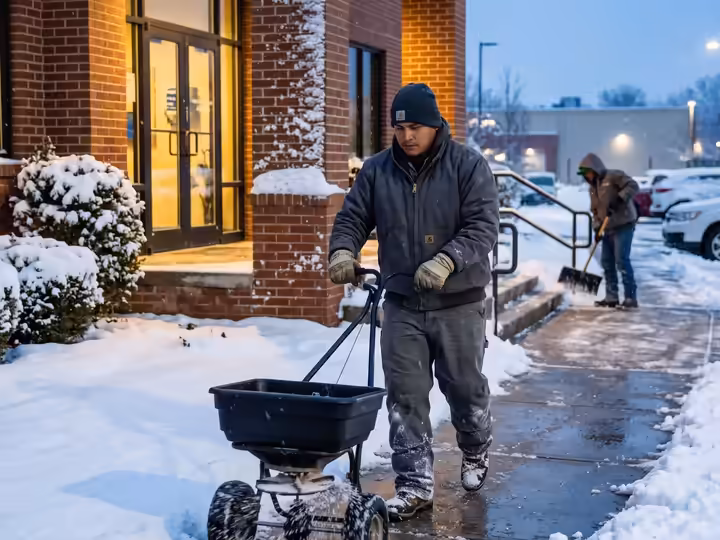 Crew spreading de-icer on a sidewalk