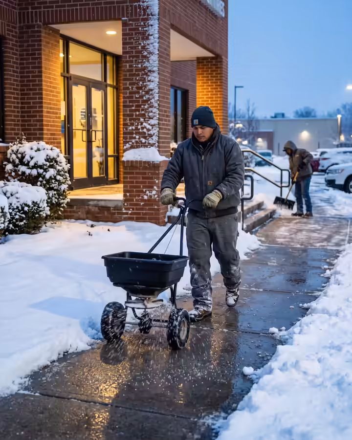 Crew member spreading de-icer on a cleared commercial sidewalk