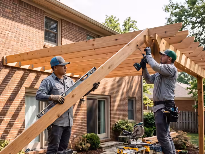 Two crew members fastening pergola rafters
