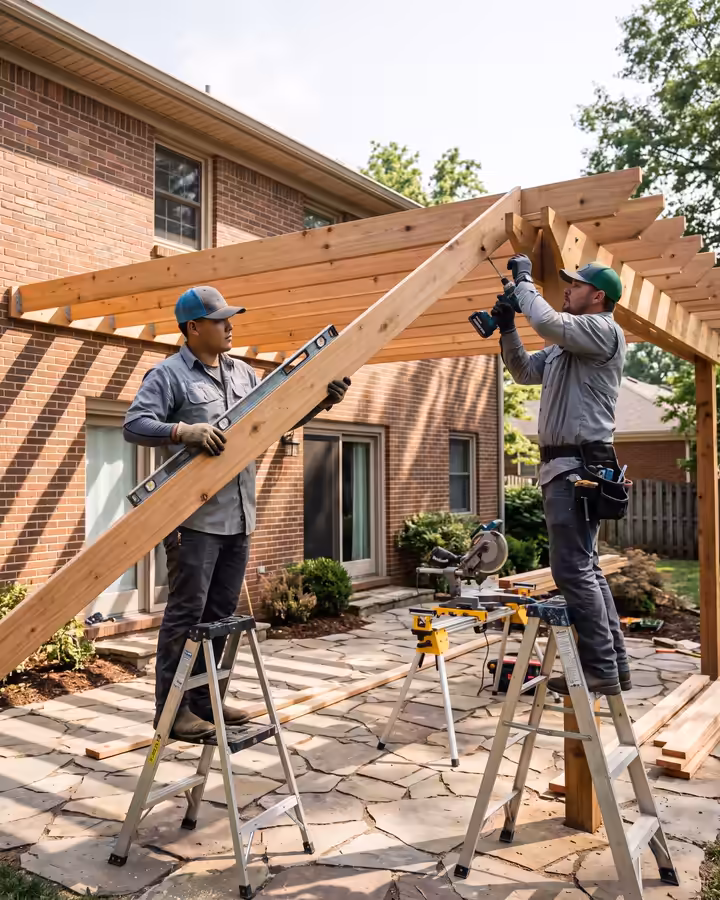 Two crew members fastening the rafters of a new cedar pergola